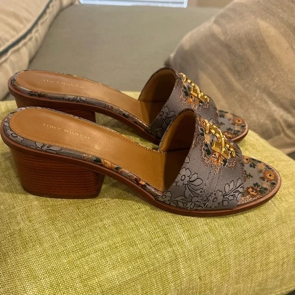 Tory Burch Metallic Bronze Floral Logo Slide Mules - Picture 5 of 6